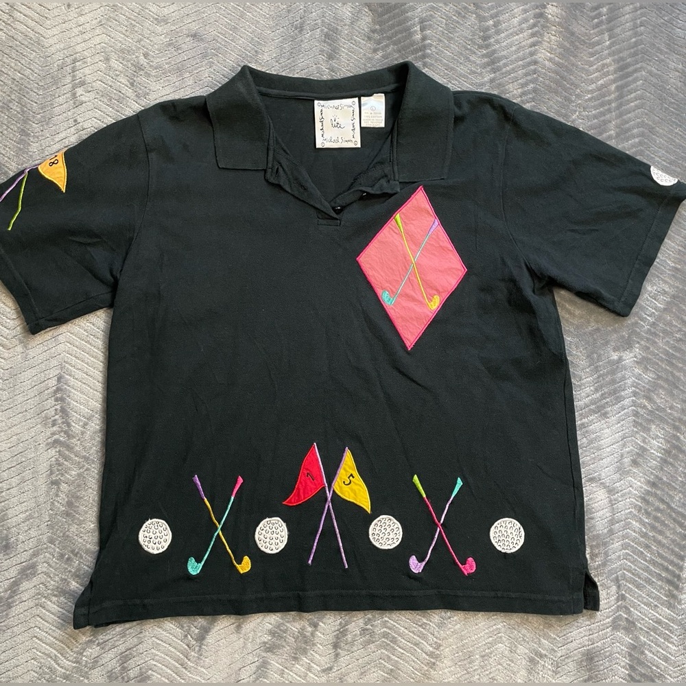 Vtg‎ Michael Simon Lite Embroidered Golf Design Polo Shirt Black Large Boxy